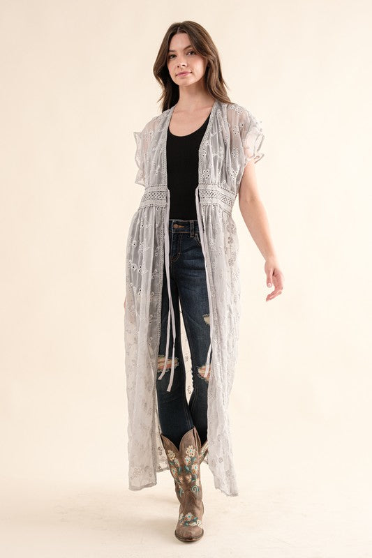 CHIFFON EMBROIDERY LACE KIMONO DUSTER CARDIGAN