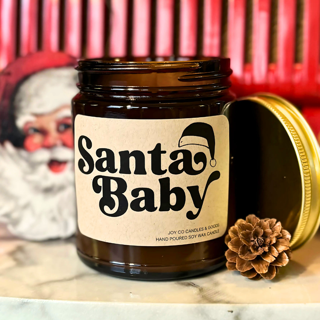 Santa Baby Candle, Groovy Christmas Collection, Christmas Scented Candle, Christmas Gifts, Holiday Decor, 100% Soy Wax 9 oz Candle, 50 Hour Burn Time, Recyclable Amber Glass Jar, Made in the USA