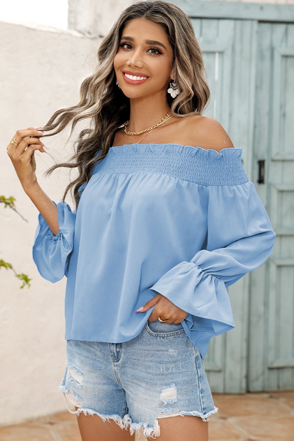 Off-Shoulder Flare Sleeve Smocked Neck Blouse