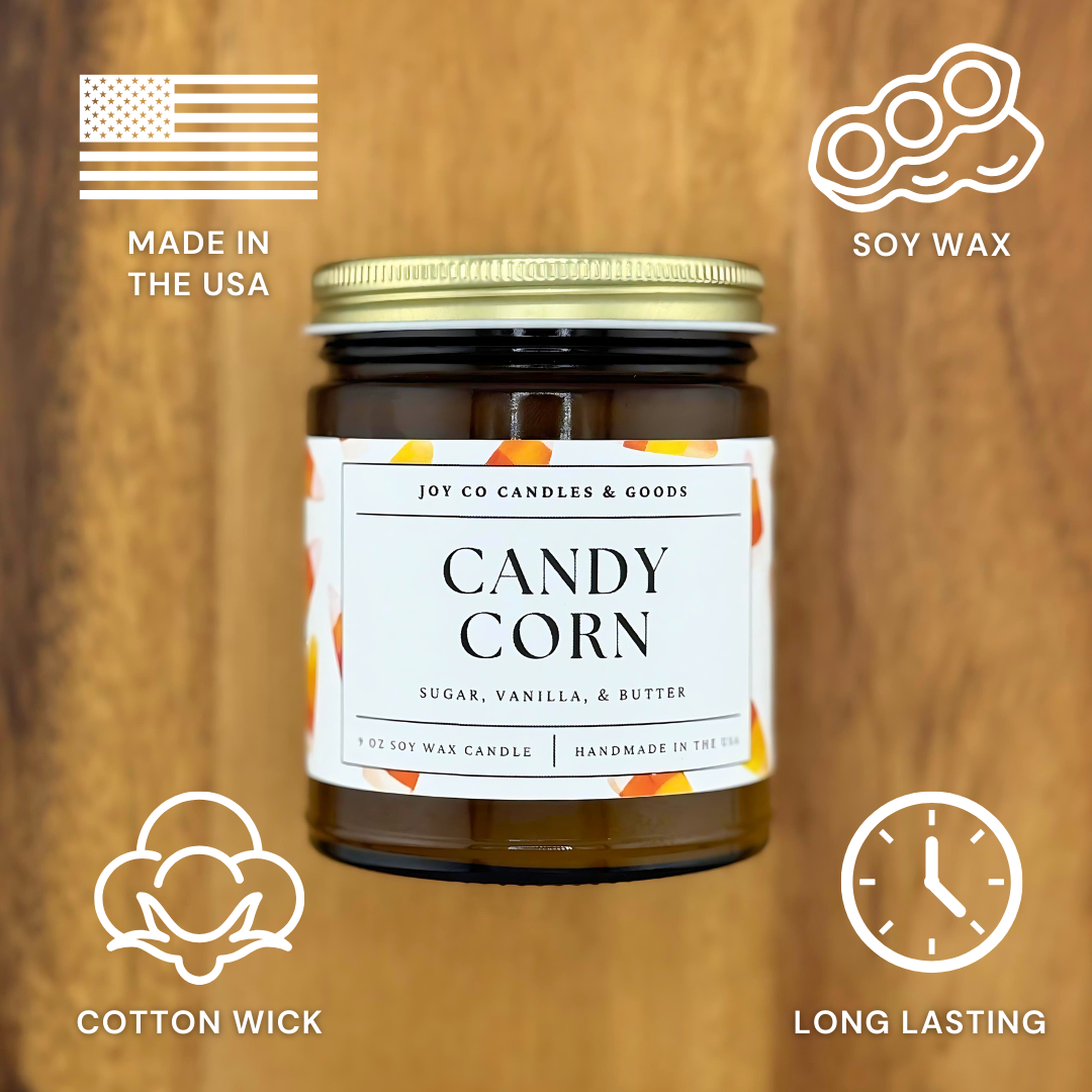 Candy Corn 9 oz Soy Wax Candle, Fall &amp; Halloween Decor, Handmade in the USA