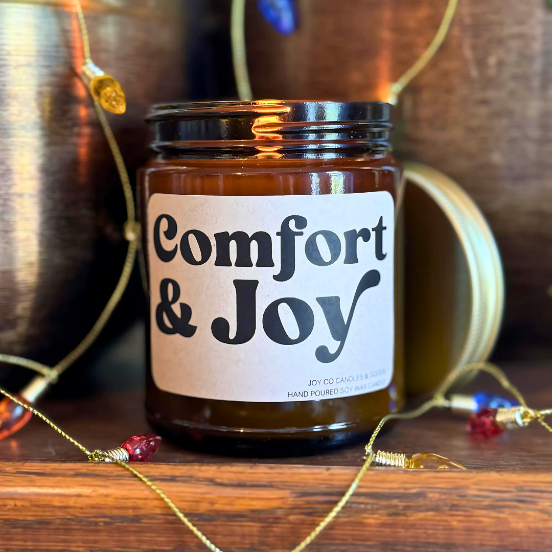 Comfort &amp; Joy Candle, Groovy Christmas Collection, Christmas Scented Candle, Christmas Gifts, Holiday Decor, 100% Soy Wax 9 oz Candle, 50 Hour Burn Time, Recyclable Amber Glass Jar, Made in the USA