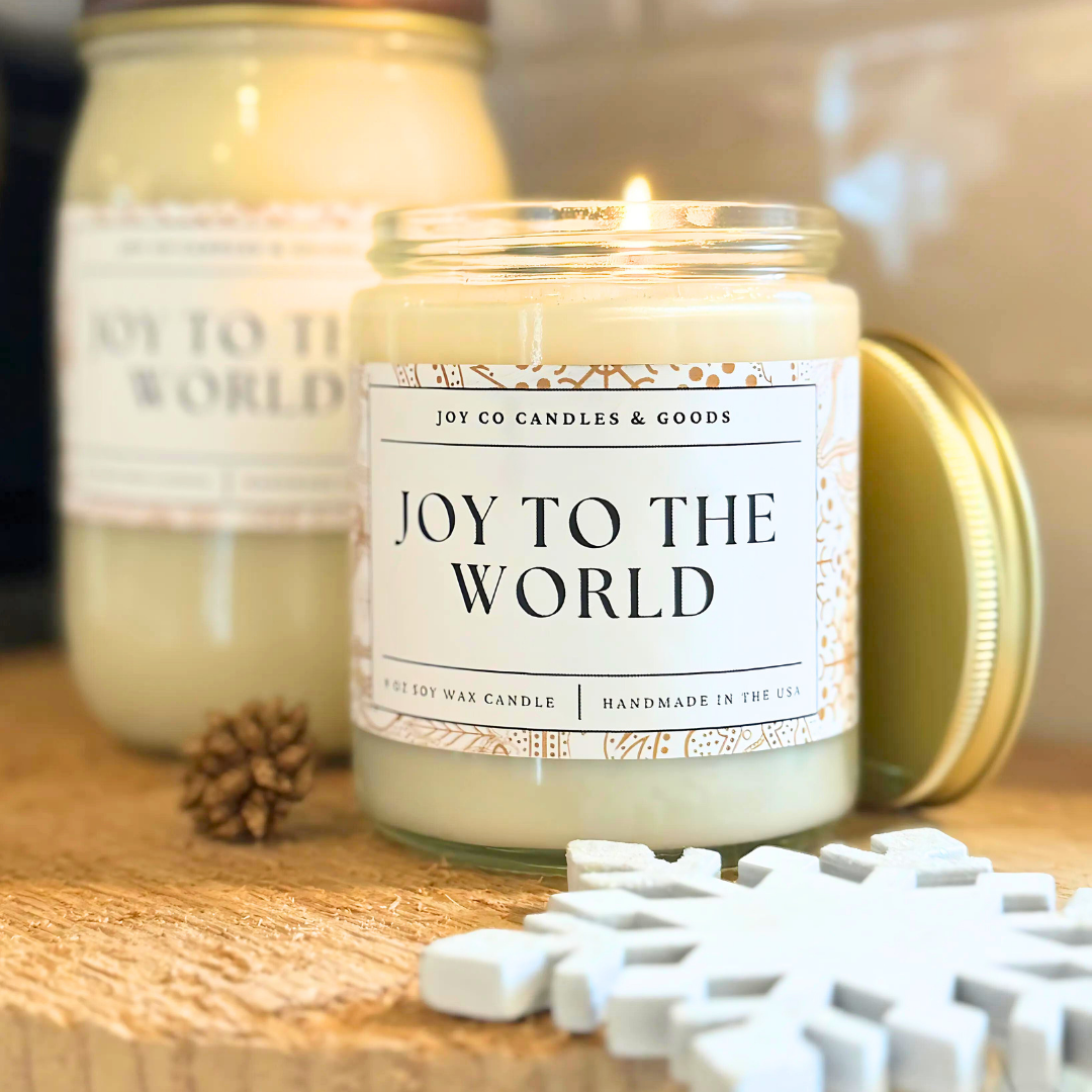 Joy to the World Candle, Christmas Cottage Collection, Christmas Scented Candle, Christmas Gifts, Holiday Decor, 100% Soy Wax 9 oz Candle, 50 Hour Burn Time, Recyclable Clear Glass Jar, Made in the USA