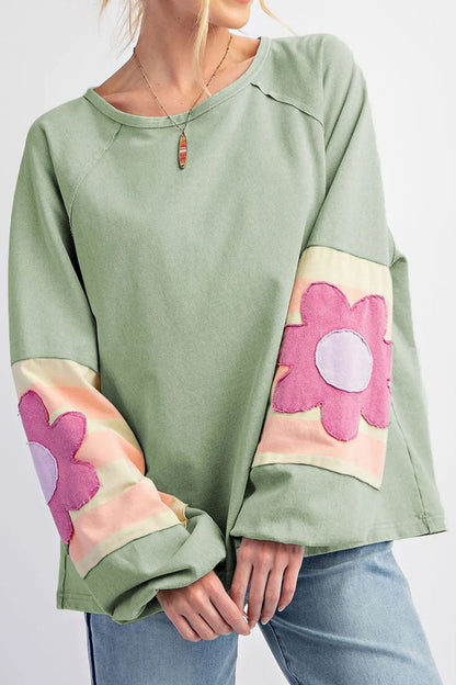 Flower Patch Round Neck Balloon Sleeve Top