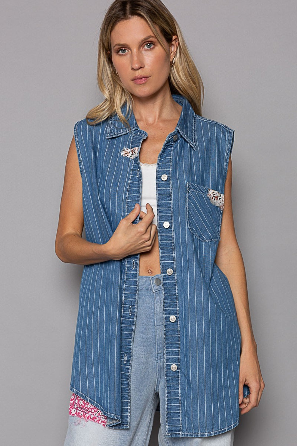 POL Button Down Sleeveless Striped Denim Shirt