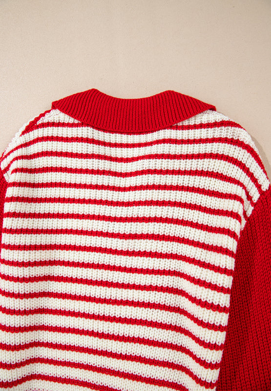 Striped Johnny Collar Long Sleeve Sweater