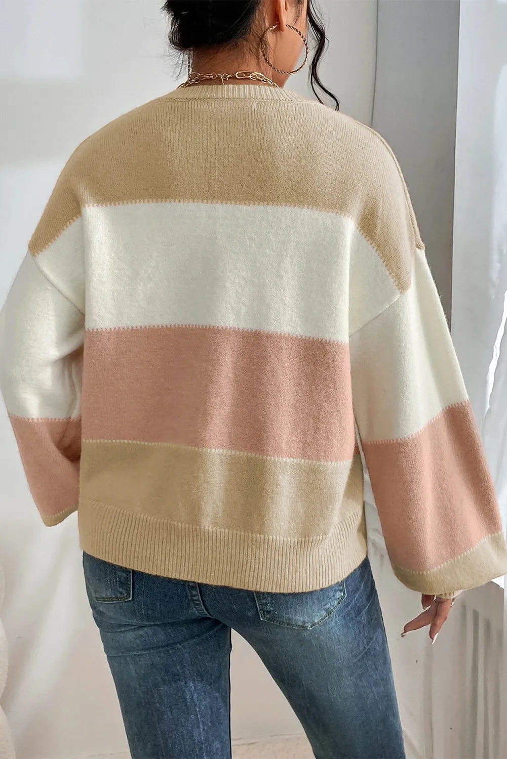 Color Block Round Neck Lantern Sleeve Sweater