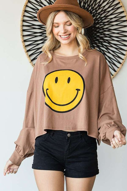 Smiley Face Long Sleeve Crop Top Plus