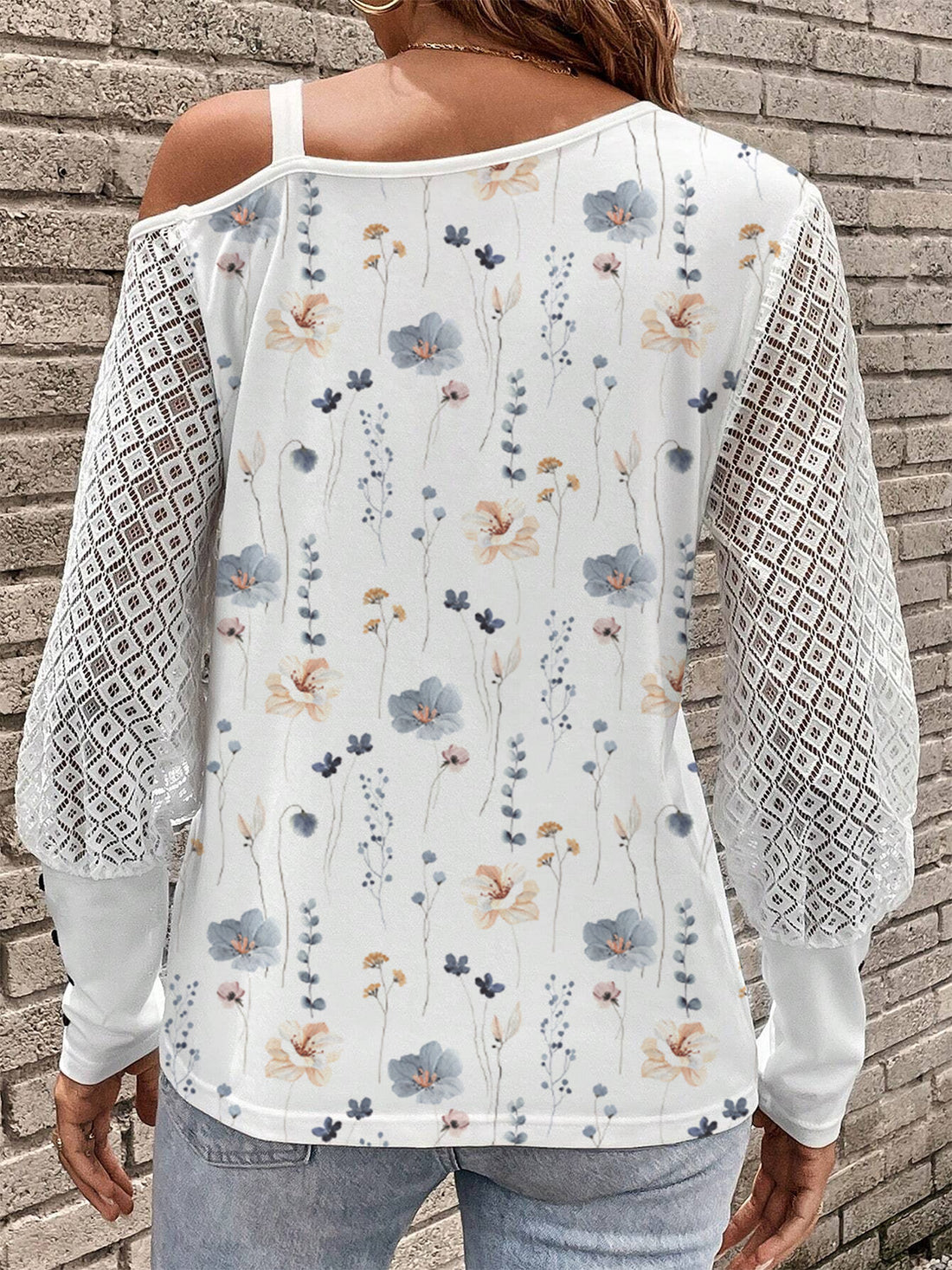 Printed Asymmetrical Neck Lantern Sleeve T-Shirt