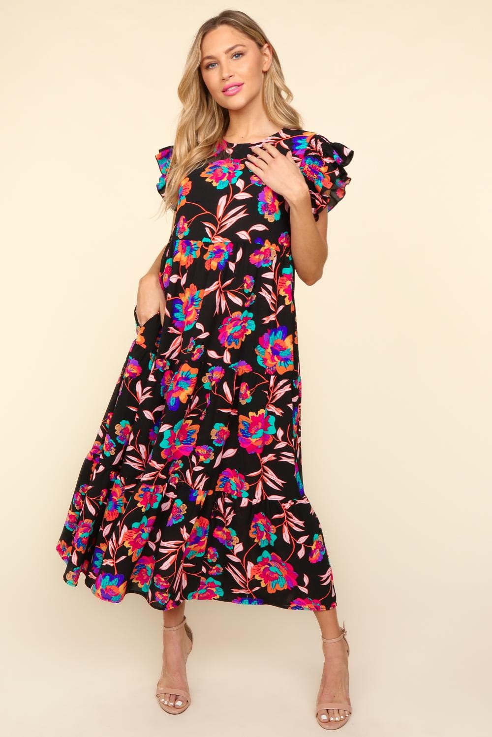 Haptics Ruffled Printed Round Neck Cap Sleeve Dress