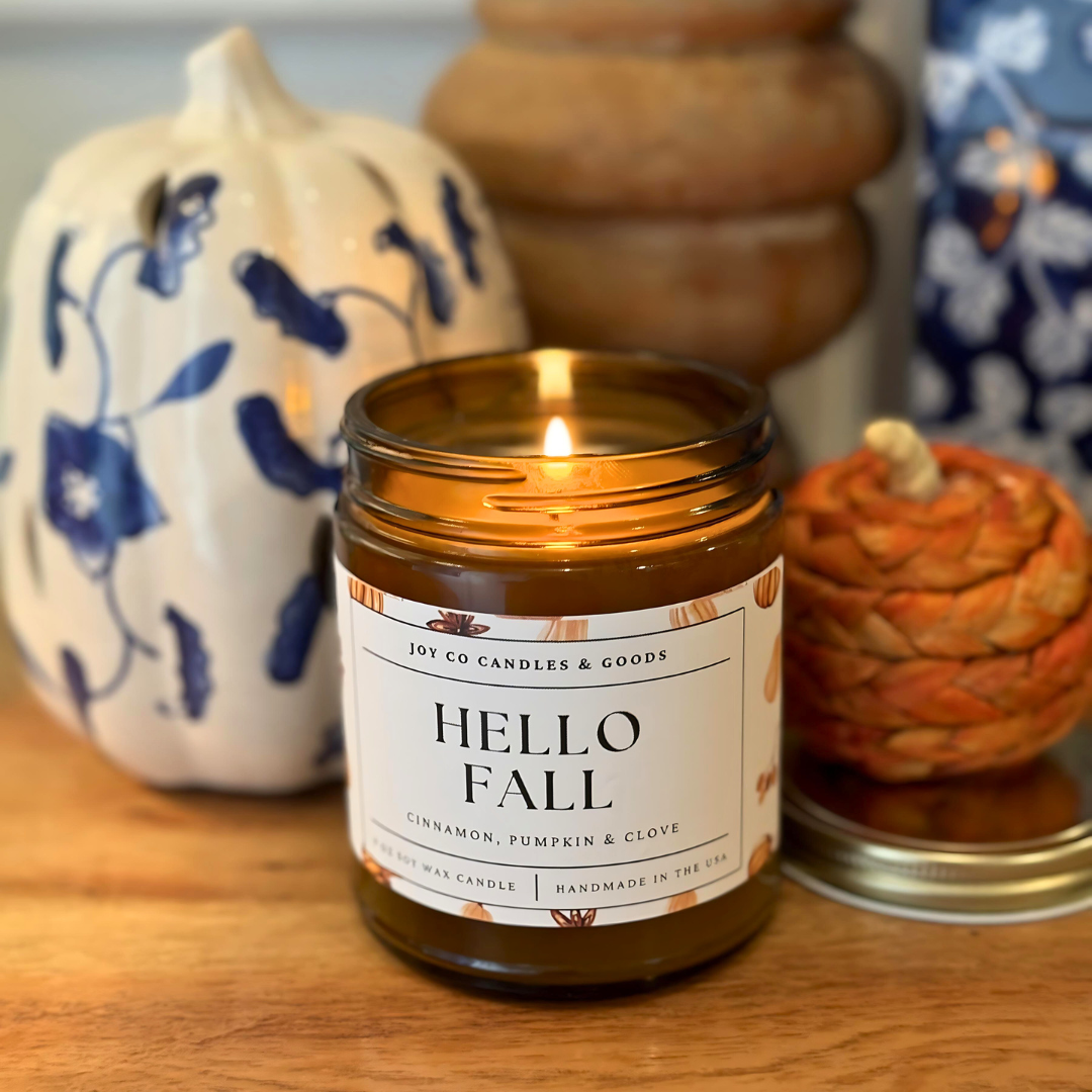 Hello Fall 9 oz Soy Wax Candle, Fall Decor, Handmade in the USA