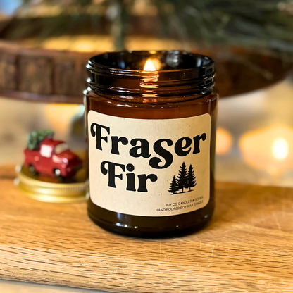 Fraser Fir Candle, Pine Scent, Holiday Decor, 100% Soy Wax 9 oz Candle, 50 Hour Burn Time, Recyclable Amber Glass Jar, Made in the USA