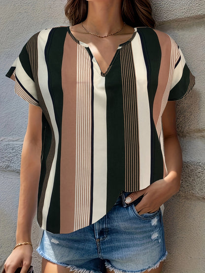 Striped Notched Short Sleeve Blouse