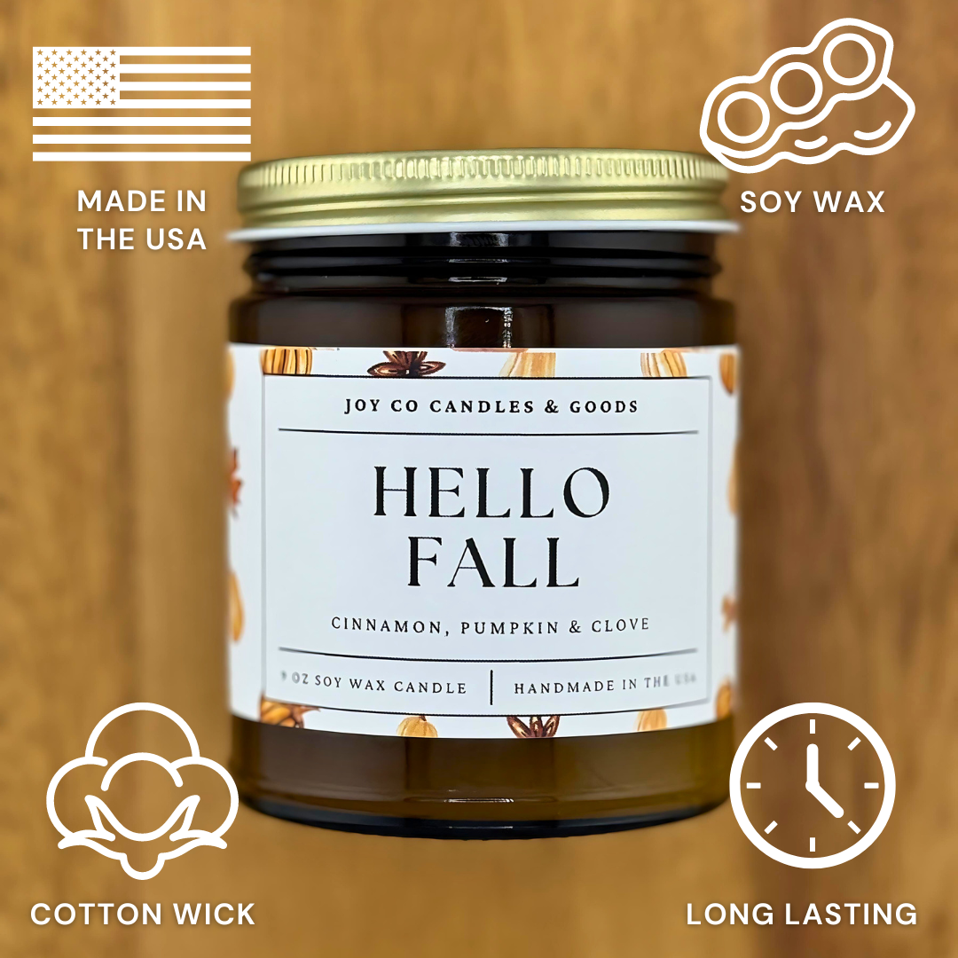 Hello Fall 9 oz Soy Wax Candle, Fall Decor, Handmade in the USA