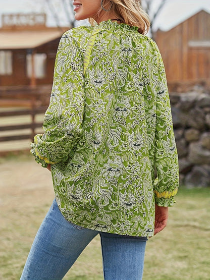 Full Size Printed Notched Long Sleeve Blouse