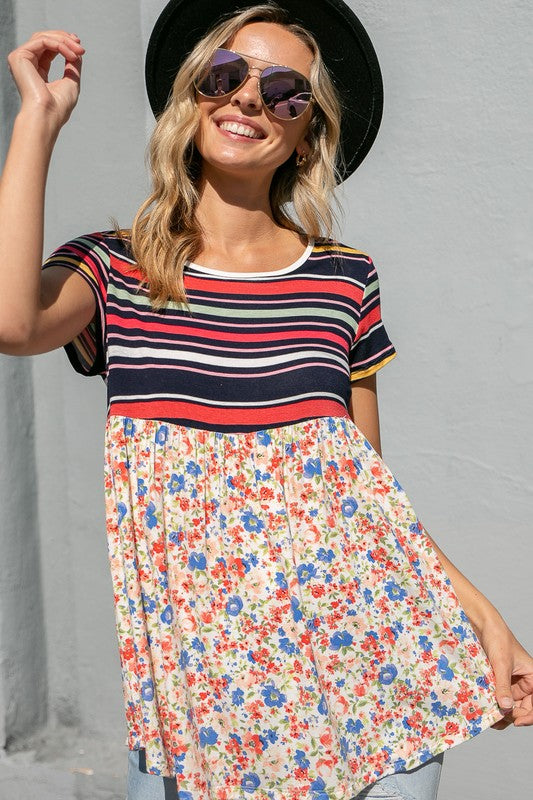 MULTI STRIPE FLORAL PRINT MIXED TOP