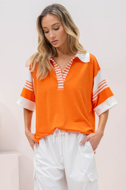 Hailey &amp; Co Full Size Contrast Stripe Polo Shirt