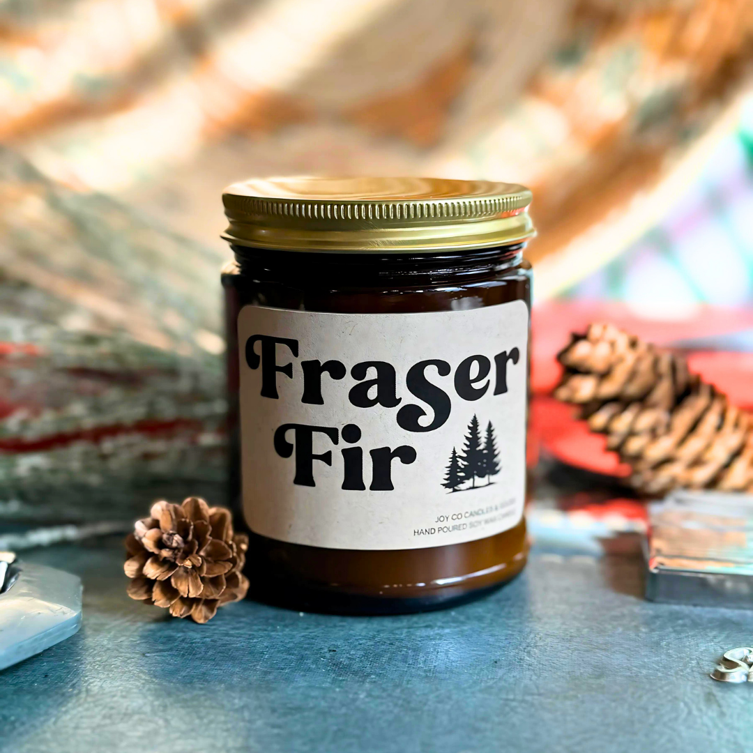 Fraser Fir Candle, Pine Scent, Holiday Decor, 100% Soy Wax 9 oz Candle, 50 Hour Burn Time, Recyclable Amber Glass Jar, Made in the USA