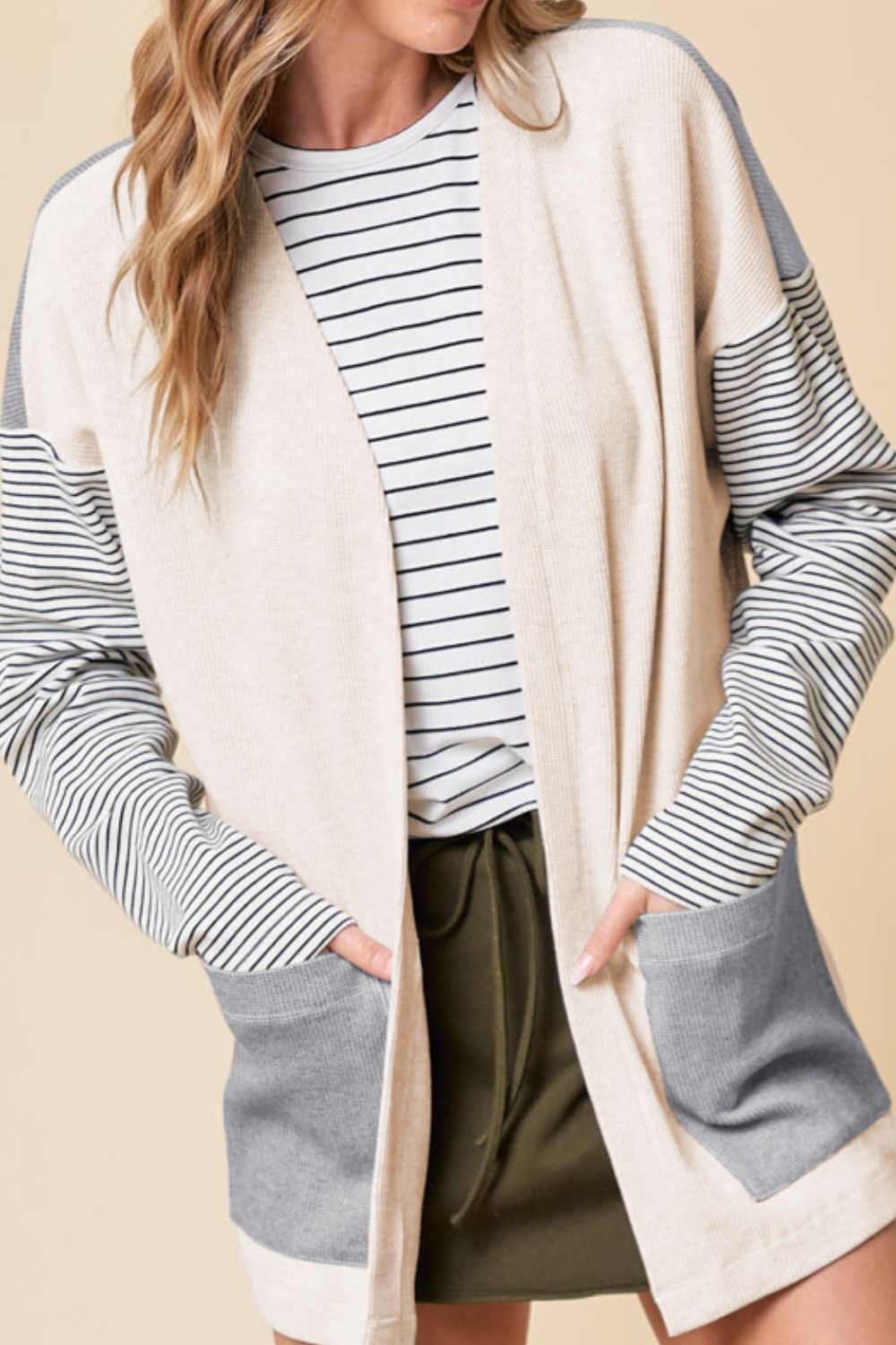 Open Front Long Sleeve Striped Cardigan with Pockets