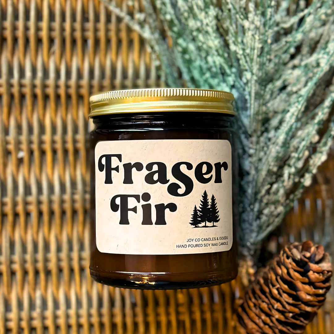 Fraser Fir Candle, Pine Scent, Holiday Decor, 100% Soy Wax 9 oz Candle, 50 Hour Burn Time, Recyclable Amber Glass Jar, Made in the USA