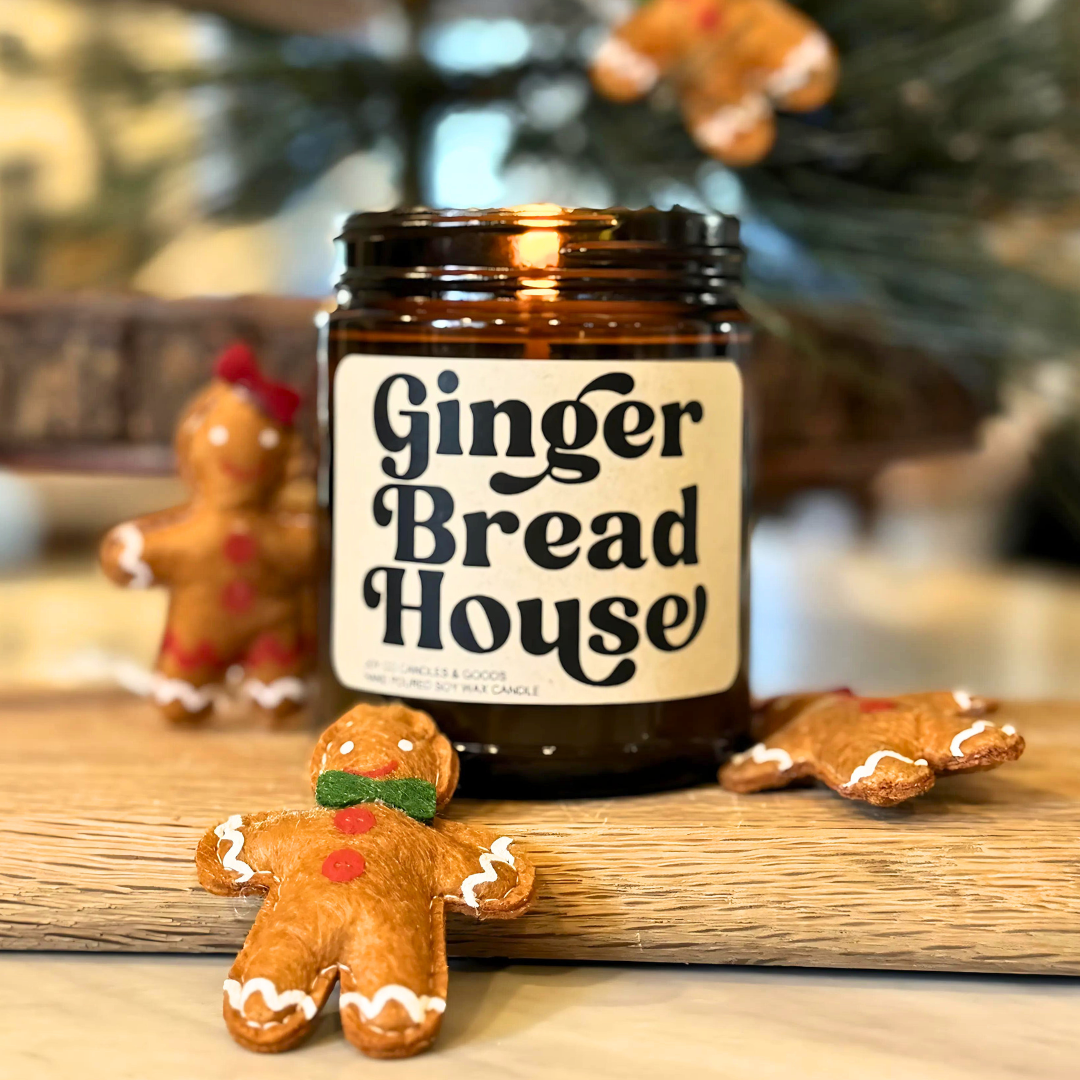 Gingerbread House, Warm Bakery Scent, Christmas Fragrance, Holiday Decor, 100% Soy Wax 9 oz Candle, 50 Hour Burn Time, Recyclable Amber Glass Jar, Made in the USA