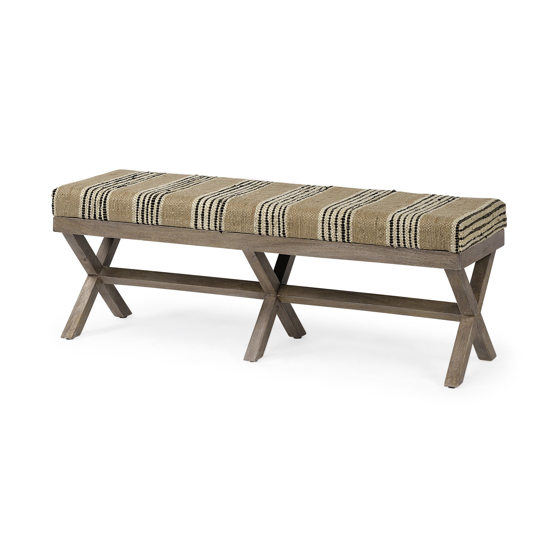 Rectangular Mango Wood Medium Brown Base W Upholstered Beige And Black Stripe Seat Accent Bench-2