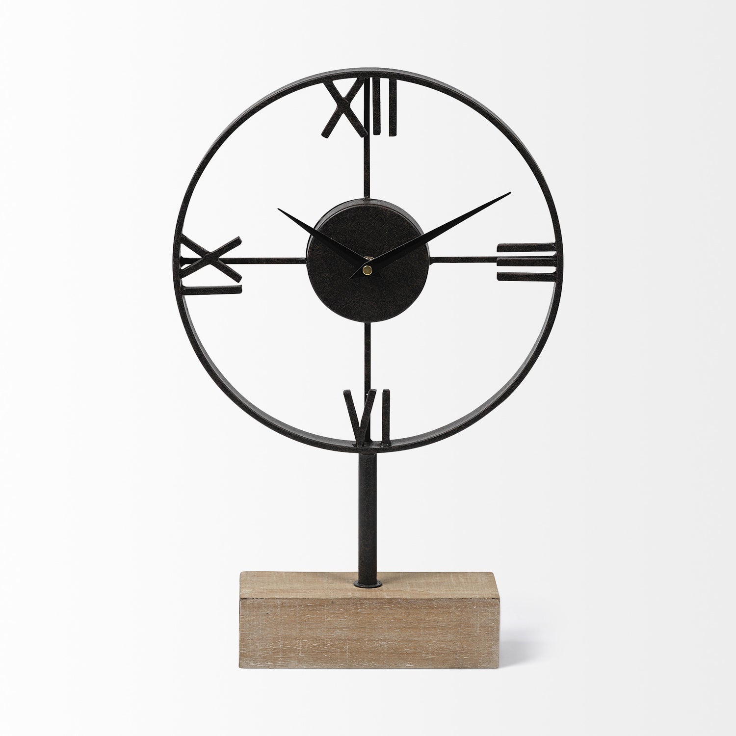 Black Metal Wood Desk  Table Clock with Open Metal Frame-0