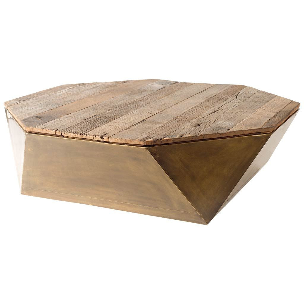 Hexagon Hinged Solid Wood Brass Metal Coffee Table w Storage-0