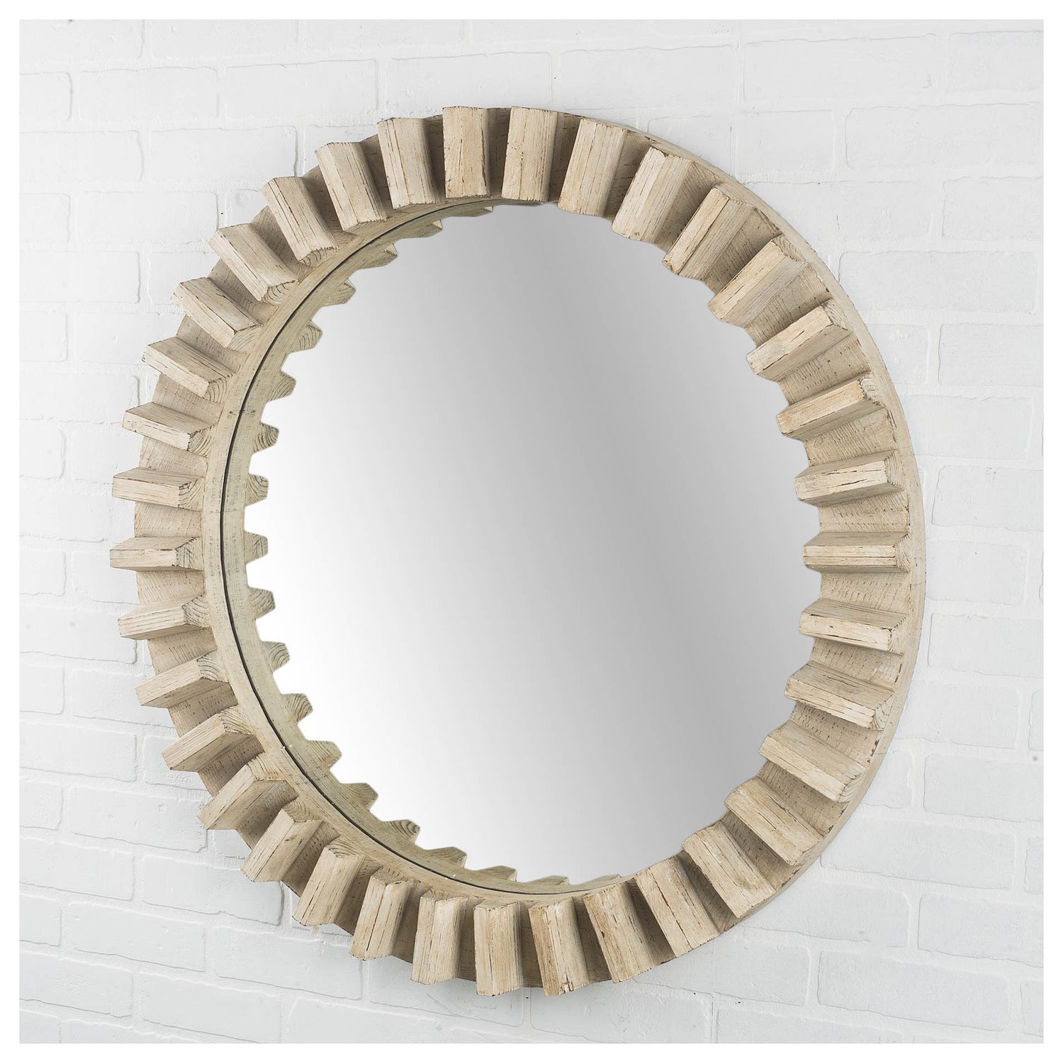 35&quot; Round Natural Brown Wood Frame Wall Mirror-2