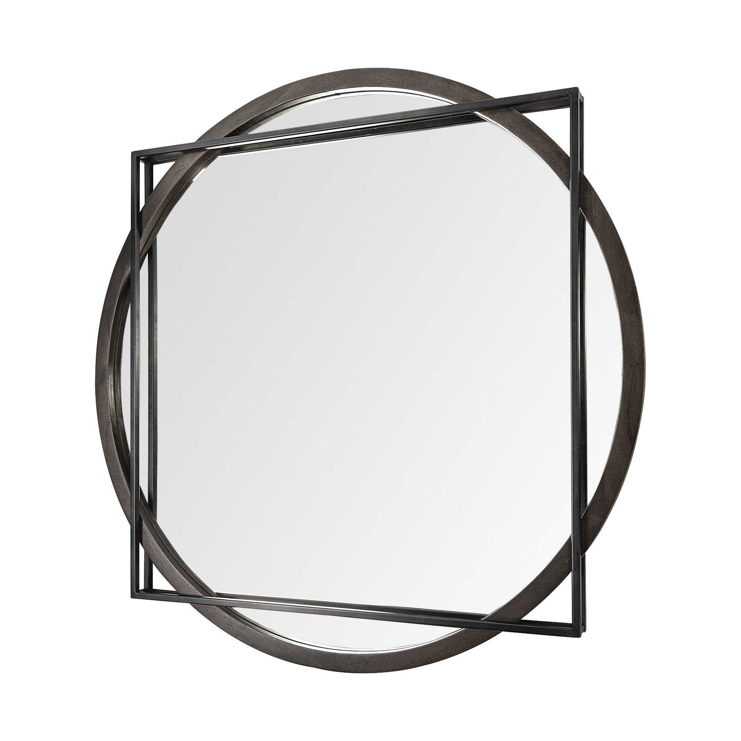 46&quot; Round-Square Black Wood and Metal Frame Wall Mirror-0