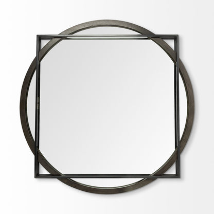 46&quot; Round-Square Black Wood and Metal Frame Wall Mirror-1