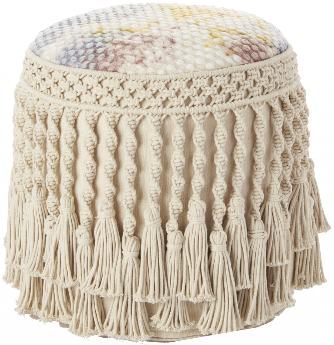 18&quot; Boho Ivory Macrame Round Pouf Ottoman-0