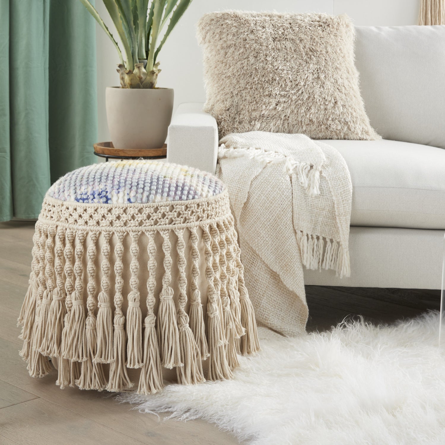 18&quot; Boho Ivory Macrame Round Pouf Ottoman-2