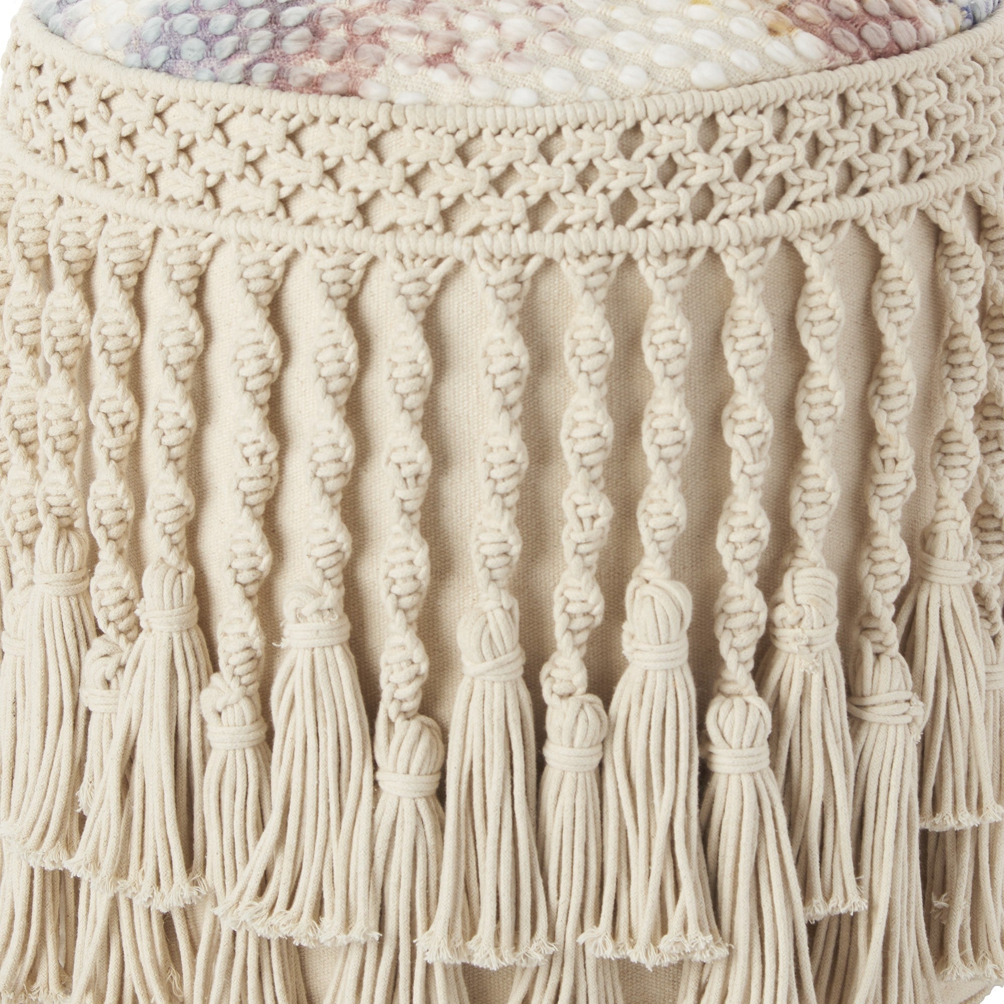 18&quot; Boho Ivory Macrame Round Pouf Ottoman-3