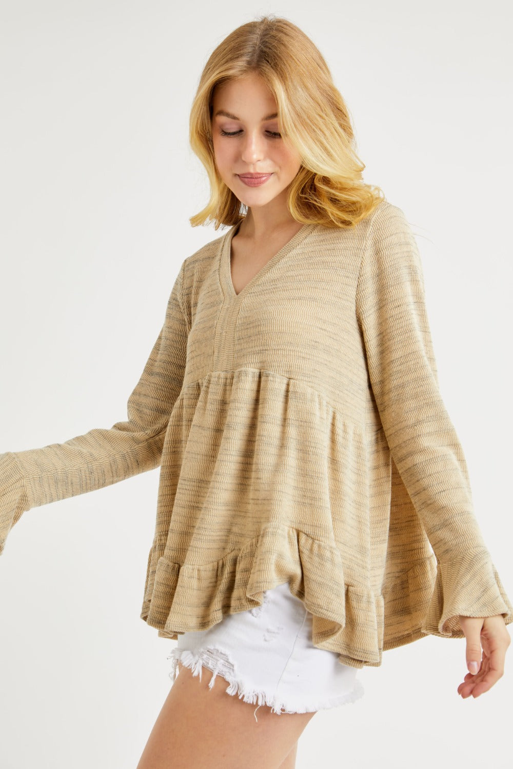 Hailey &amp; Co V-Neck Flounce Sleeve Knit Top