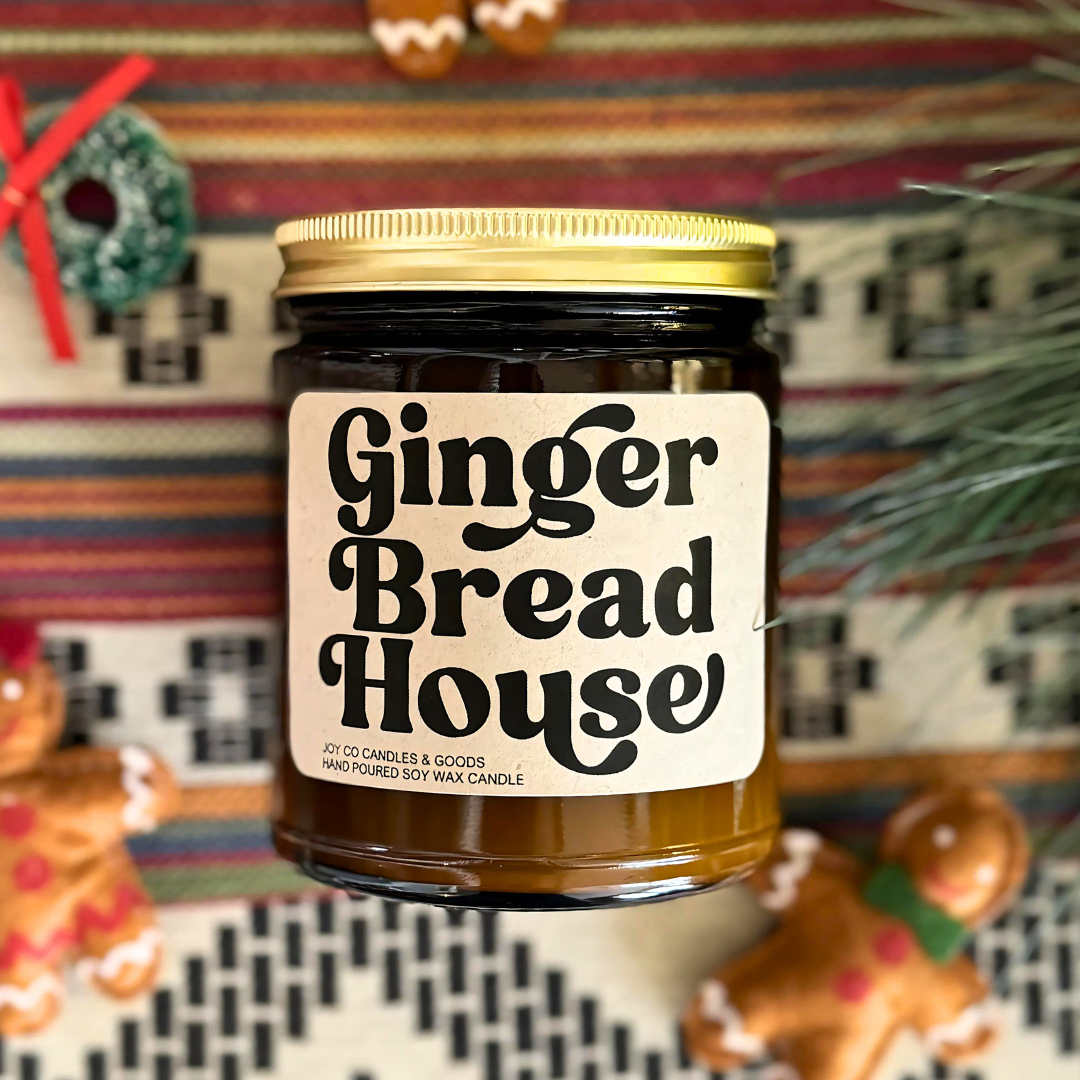 Gingerbread House, Warm Bakery Scent, Christmas Fragrance, Holiday Decor, 100% Soy Wax 9 oz Candle, 50 Hour Burn Time, Recyclable Amber Glass Jar, Made in the USA