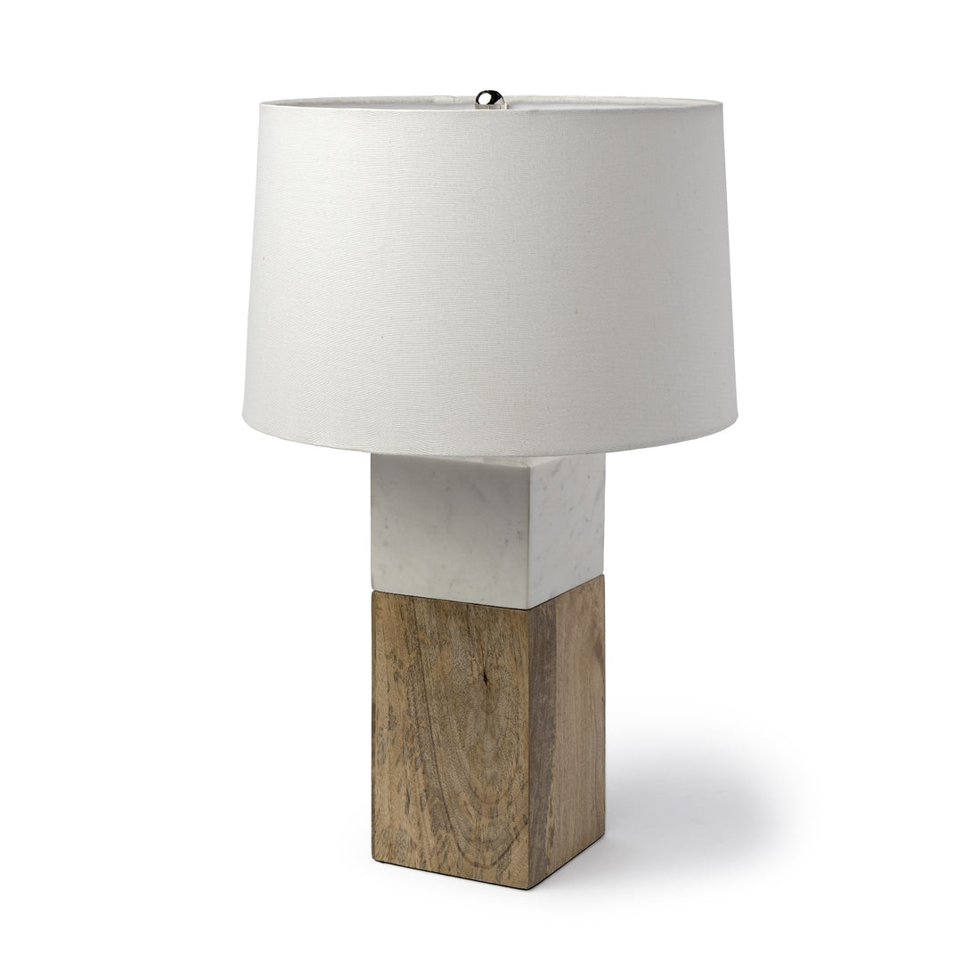 White Marble and Natural Wood Block Table or Desk Lamp-0