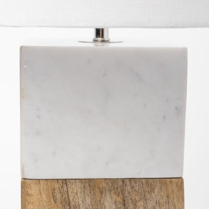 White Marble and Natural Wood Block Table or Desk Lamp-3