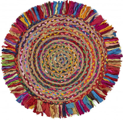 Multicolored Chindi and Natural Jute Fringed Round Rug-0