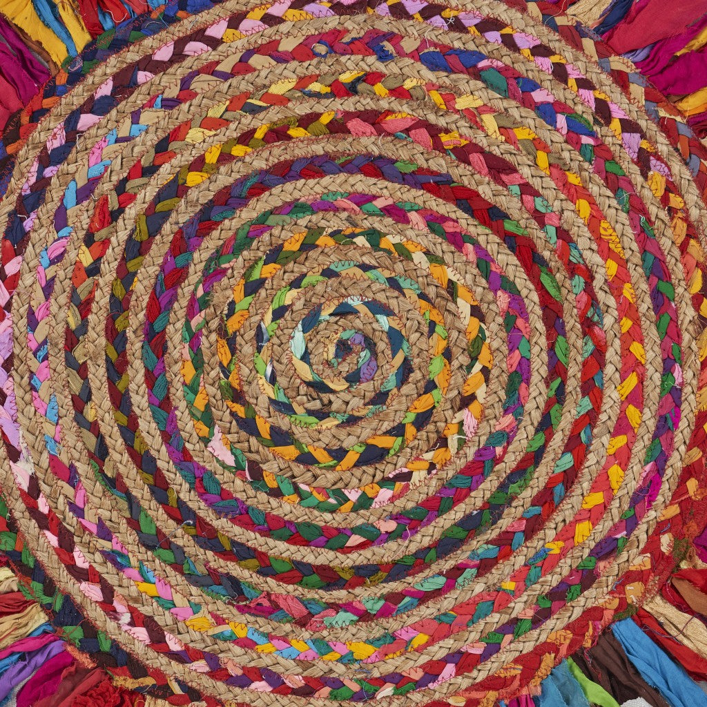 Multicolored Chindi and Natural Jute Fringed Round Rug-1