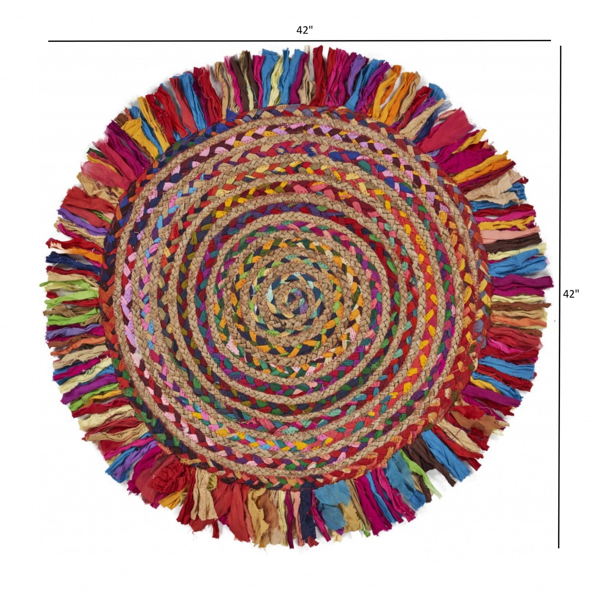 Multicolored Chindi and Natural Jute Fringed Round Rug-4