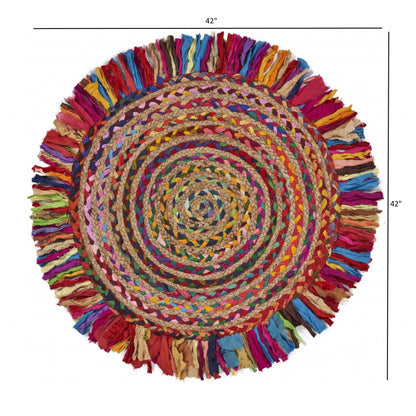 Multicolored Chindi and Natural Jute Fringed Round Rug-4