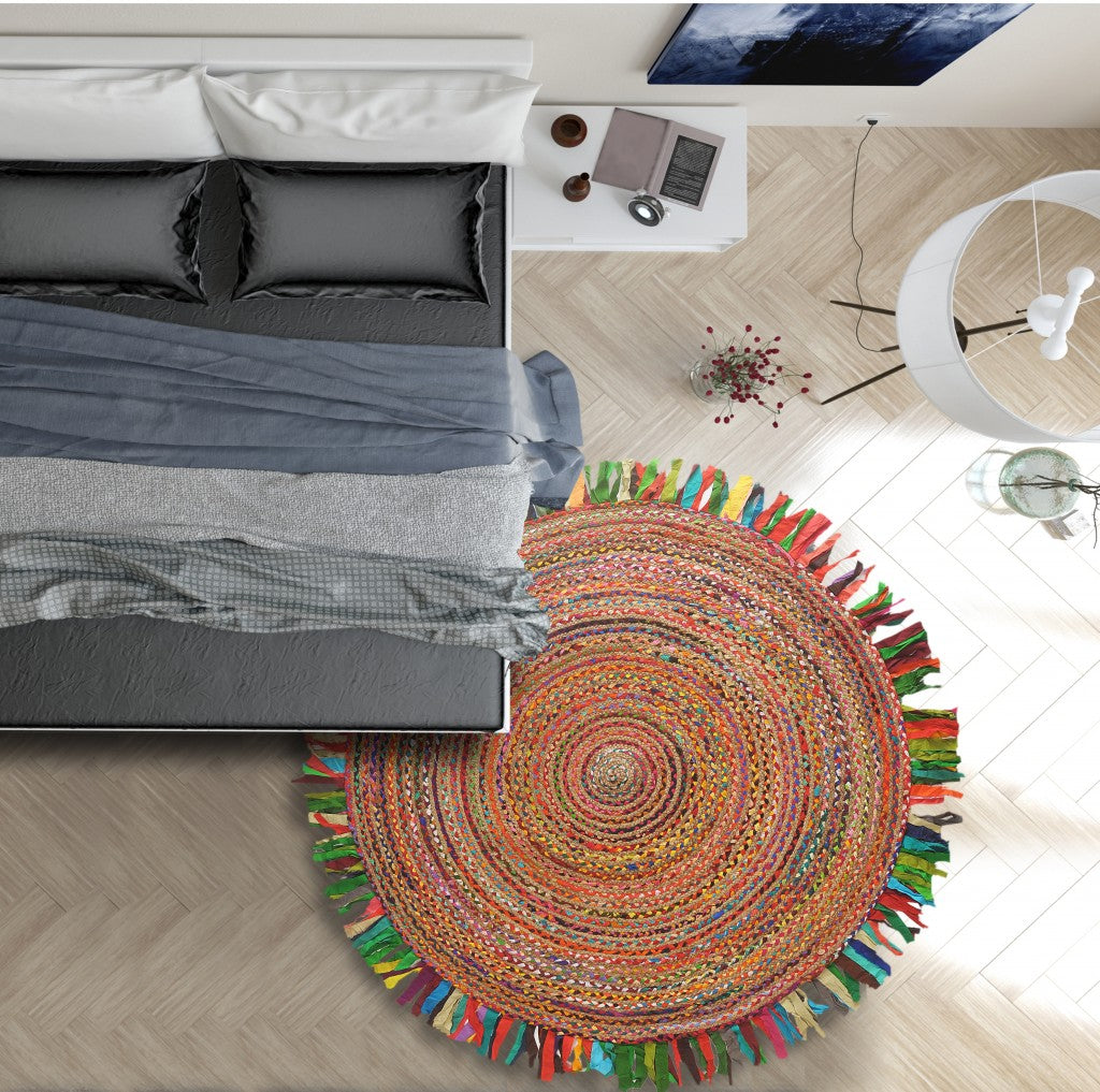 Multicolored Chindi and Natural Jute Fringed Round Rug-2