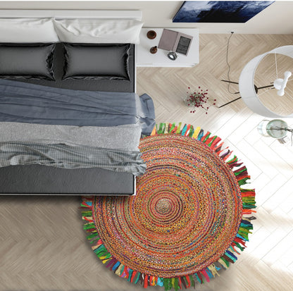 Multicolored Chindi and Natural Jute Fringed Round Rug-2