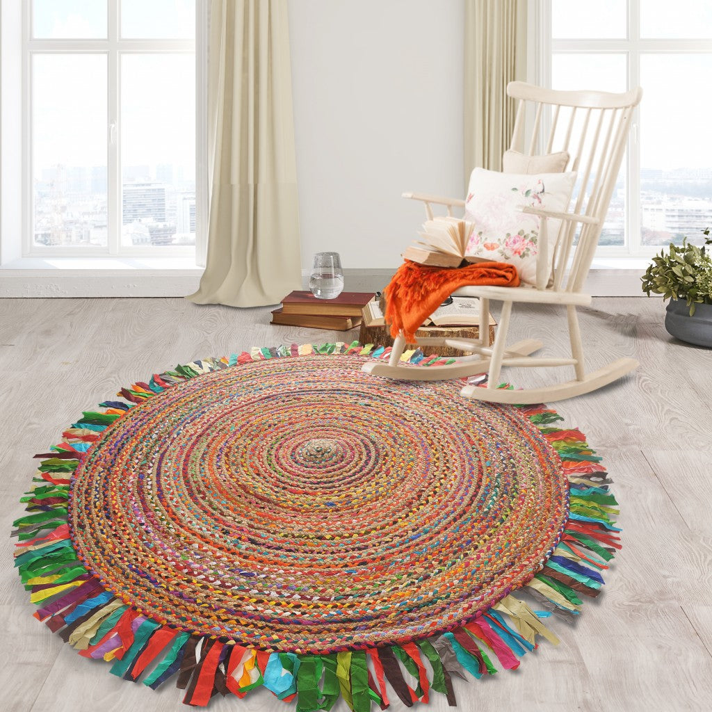 Multicolored Chindi and Natural Jute Fringed Round Rug-3