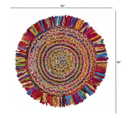 Multicolored Chindi and Natural Jute Fringed Round Rug-4