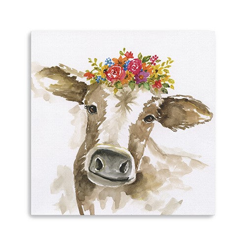 40&quot; Watercolor Floral Cow Canvas Wall Art-0