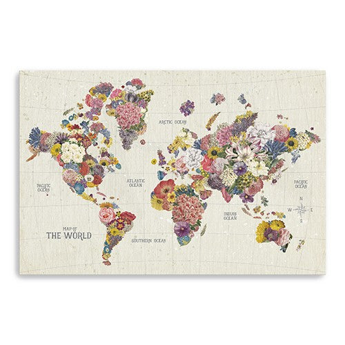 48&quot; x 32&quot; Fun Floral Map of the World Canvas Wall Art-0