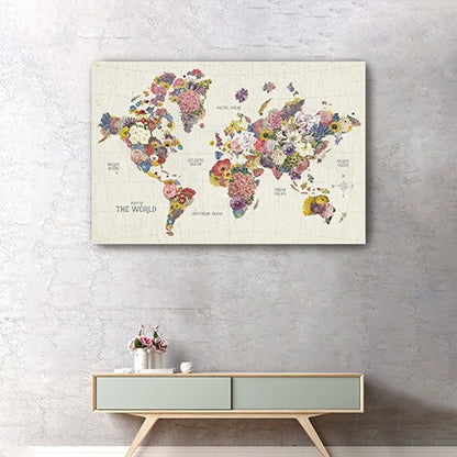 48&quot; x 32&quot; Fun Floral Map of the World Canvas Wall Art-1