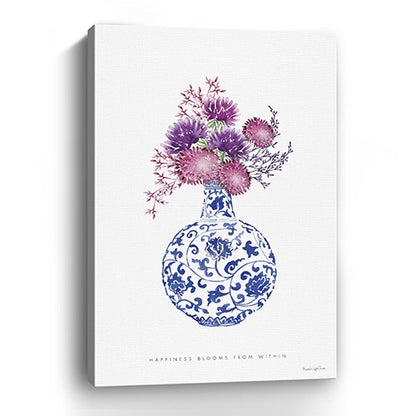 24&quot; x 16&quot; Blue and White Happiness Floral Vase Canvas Wall Art-2