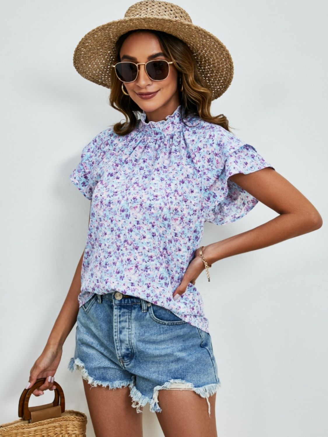 Ditsy Floral Mock Neck Flounce Sleeve Blouse